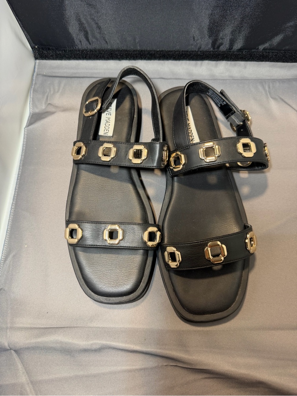 Steve Madden Black Leather Slingback Sandals with Gold Hardware